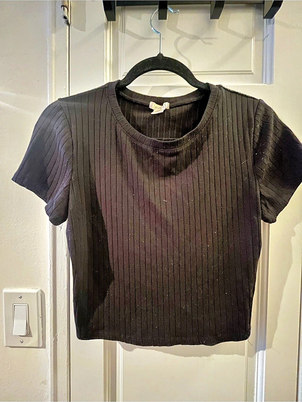 Bozzolo Ribbed Short Sleeve Top in Black Size Large